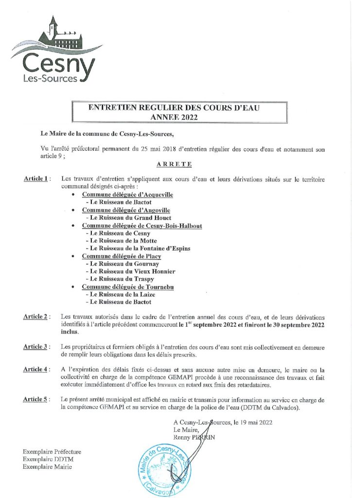 ENTRETIEN REGULIER DES COURS D EAU ANNEE 2022 Commune De Cesny Les 